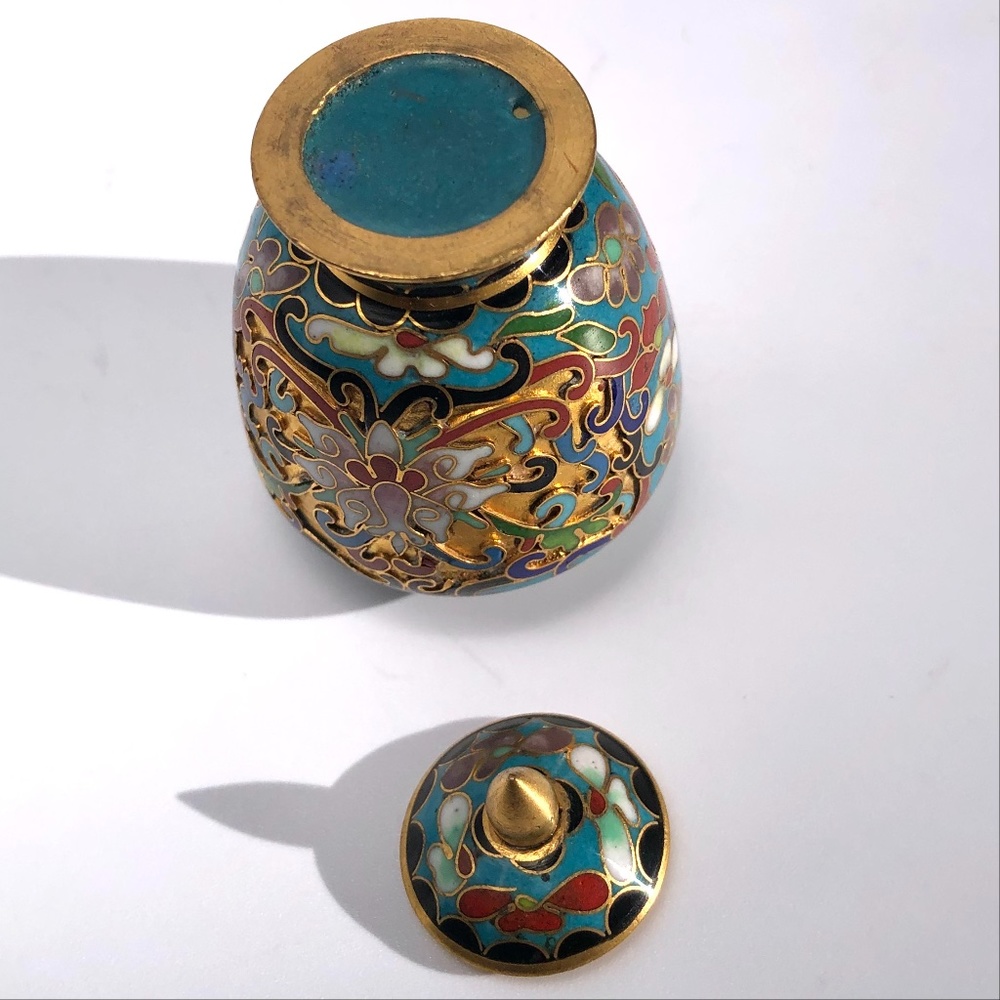 Chinese lotus flower cloisonne ginger jar vase with lid blue gold brass enamel - Picture 11 of 16